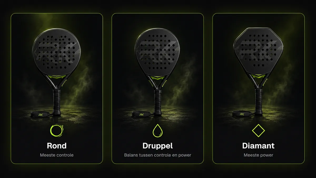 Vergelijking van ronde, druppel- en diamantvormige padelrackets met controle en power