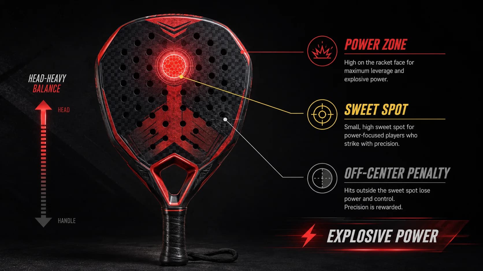 Babolat Technical Viper 3.0 sweet spot en power zone bij diamantvormig padelracket