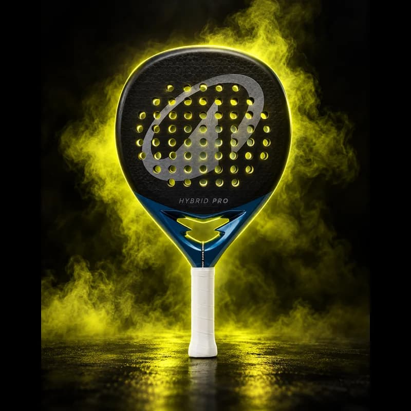 Kuikma Hybrid Pro Coki Nieto padelracket, zwart blad met blauwe keel en witte grip