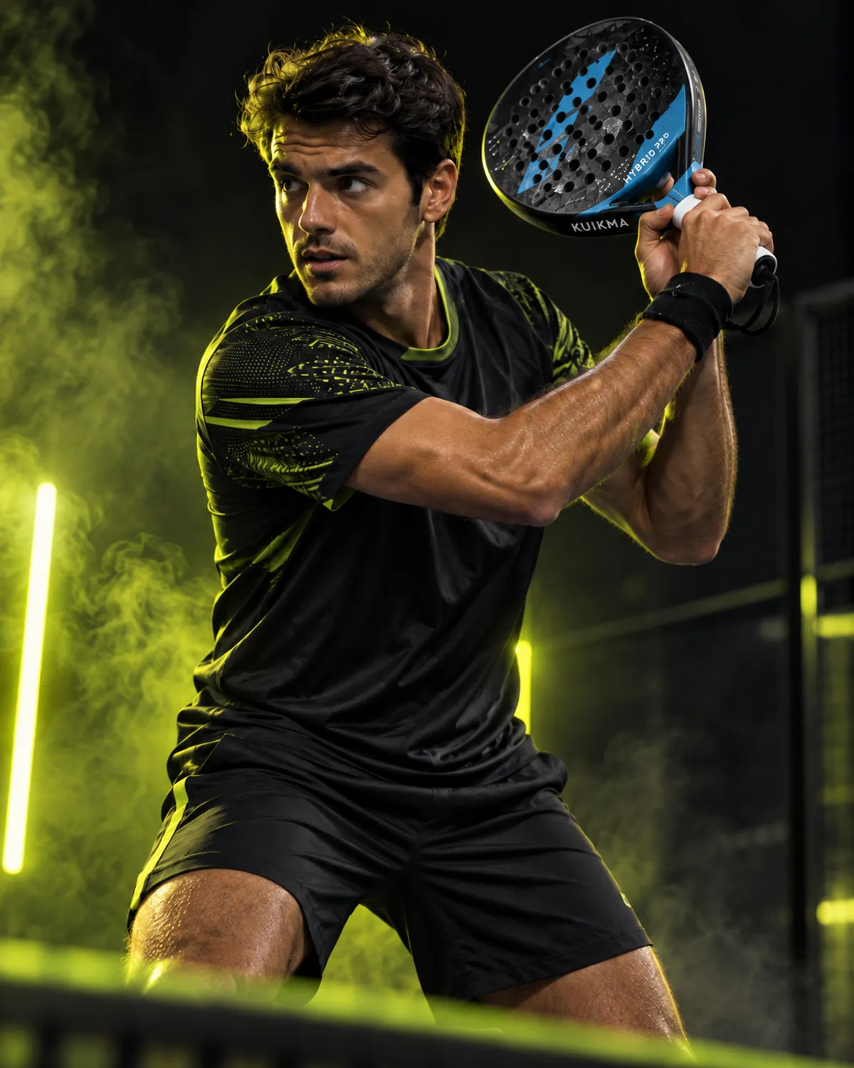 Padelspeler met een Kuikma Hybrid Pro in lime studiolicht, sfeerbeeld bij de koopgids
