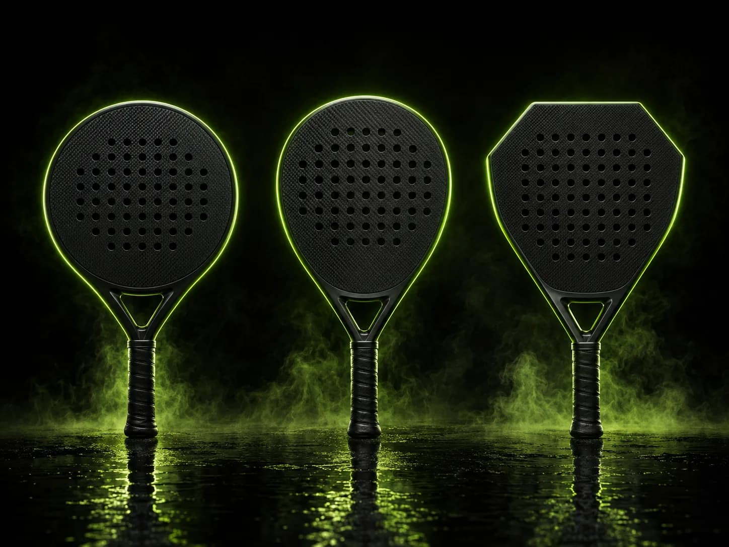 Drie padelracket bladvormen naast elkaar: rond, druppel en diamant, koopgids voor het kiezen van je padelracket