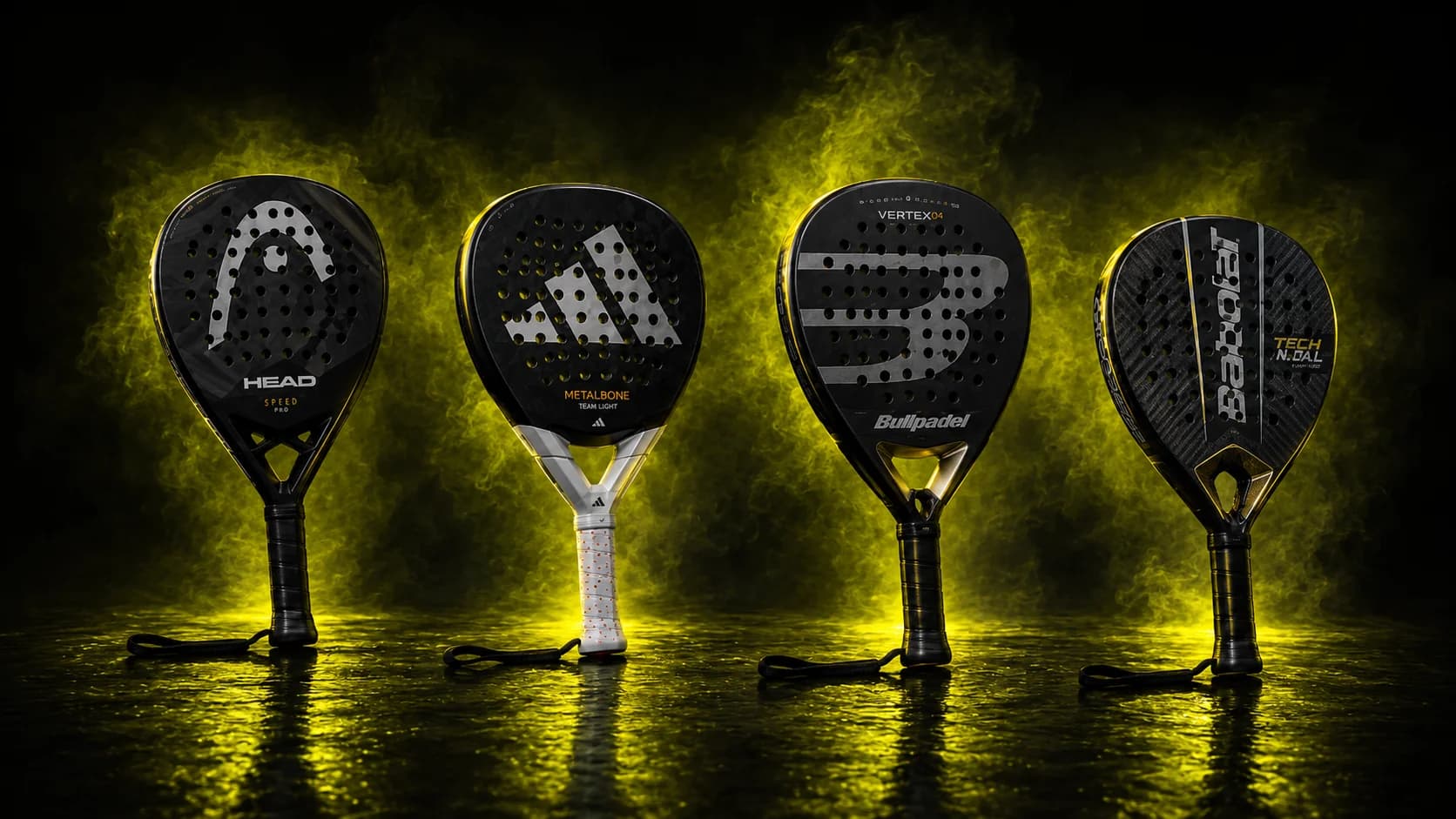 Vier beste padelrackets onder 200 euro in studio belichting voor Racketkopen.nl koopgids 2026.