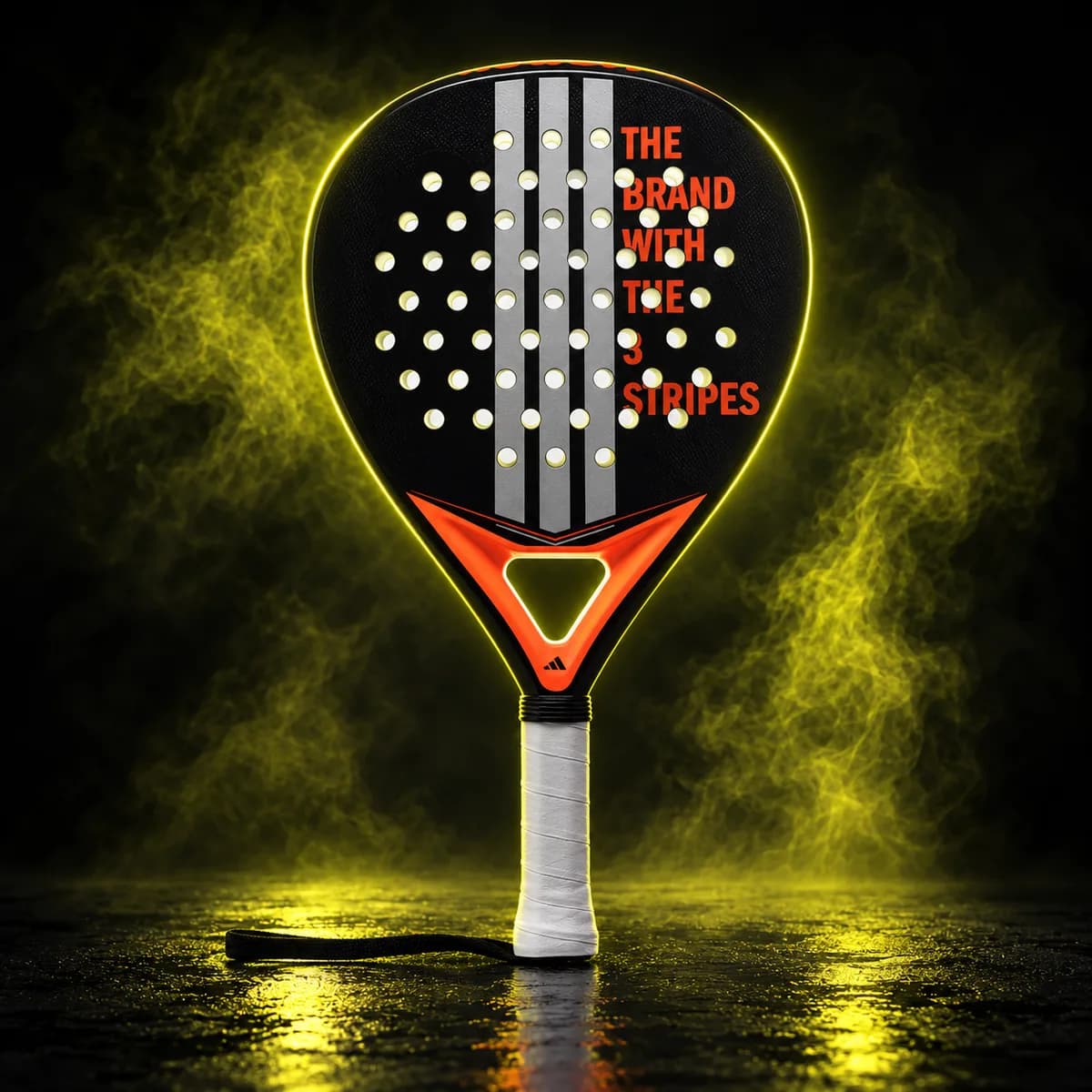 Adidas Match Black 3.4 padelracket (2025) in zwart, vooraanzicht in een donkere studio met gele rook