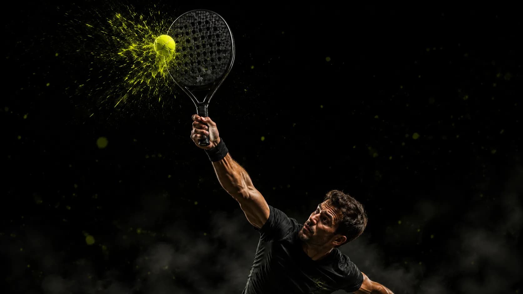 Padelspeler slaat backhand smash met de StarVie Black Titan, volledig zwart padelracket voor aanvallend spel